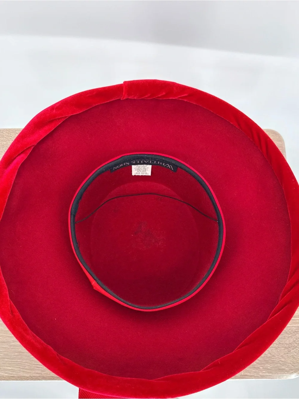 Whittall & Shon Vintage Red Wool Velvet Wide Brim Hat Rhinestone Bow Pillbox